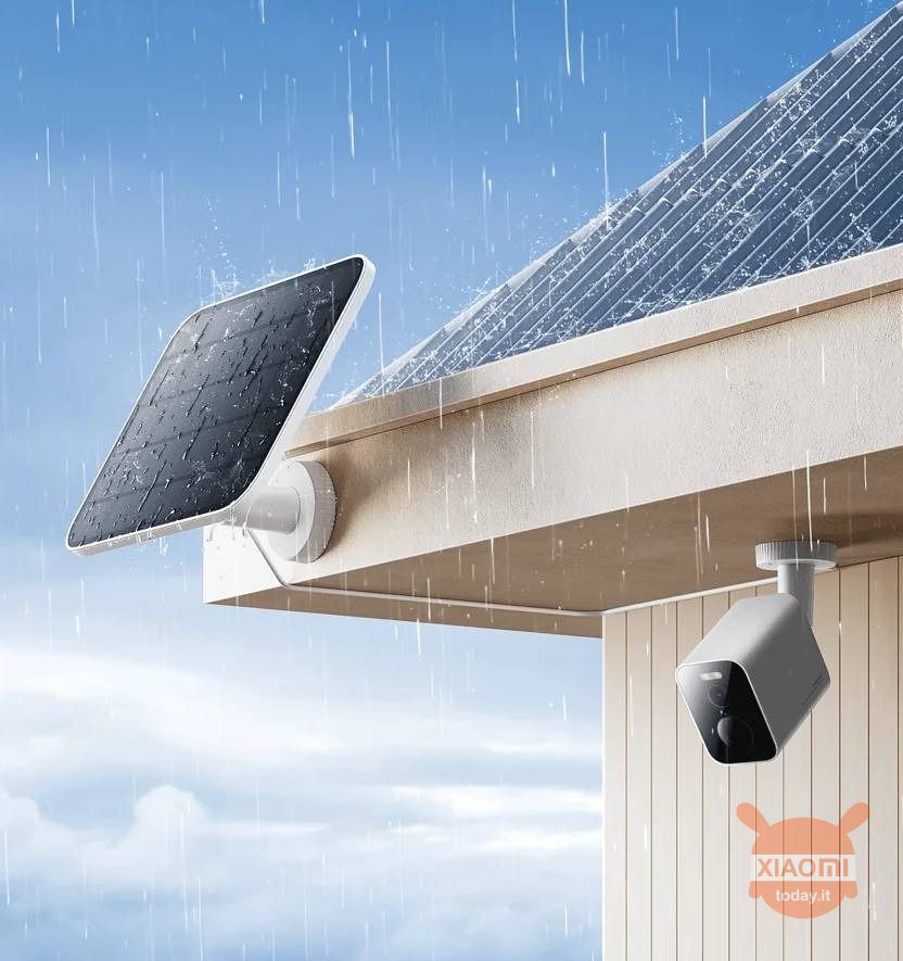 pannello fotovoltaico xiaomi sotto la pioggia con fotocamera collegata