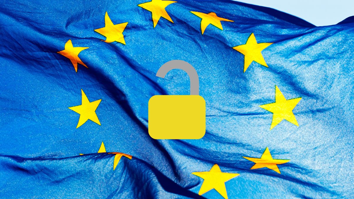bandiera dell'europa con un lucchetto al centro che dà l'idea di una violazione della privacy